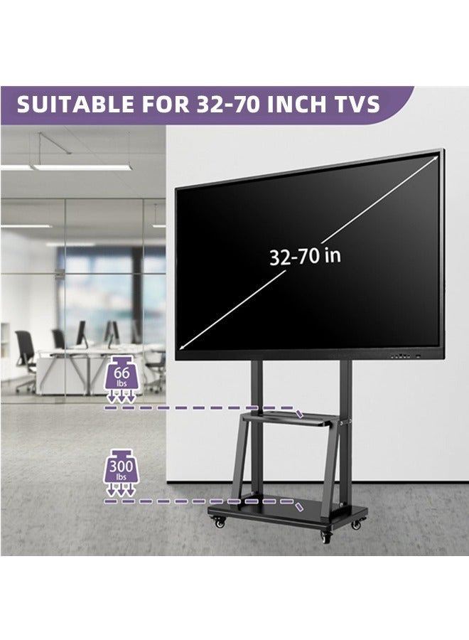قف حامل تلفزيون، عربة تلفزيون متدحرجة على عجلات، قاعدة حامل أرضية شديدة التحمل قابلة لضبط الارتفاع لشاشات LCD وLED وOLED المسطحة مقاس 32-70 بوصة، لوحة ذكية متحركة تتحمل حتى 100 رطل مع رف - Image 3