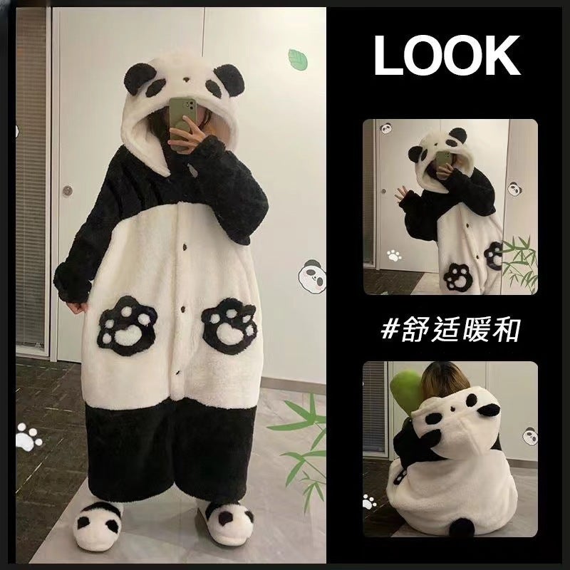 Panda Pajamas Winter Cartoon Cute Coral Fleece Hooded Home Wear - Image 1
