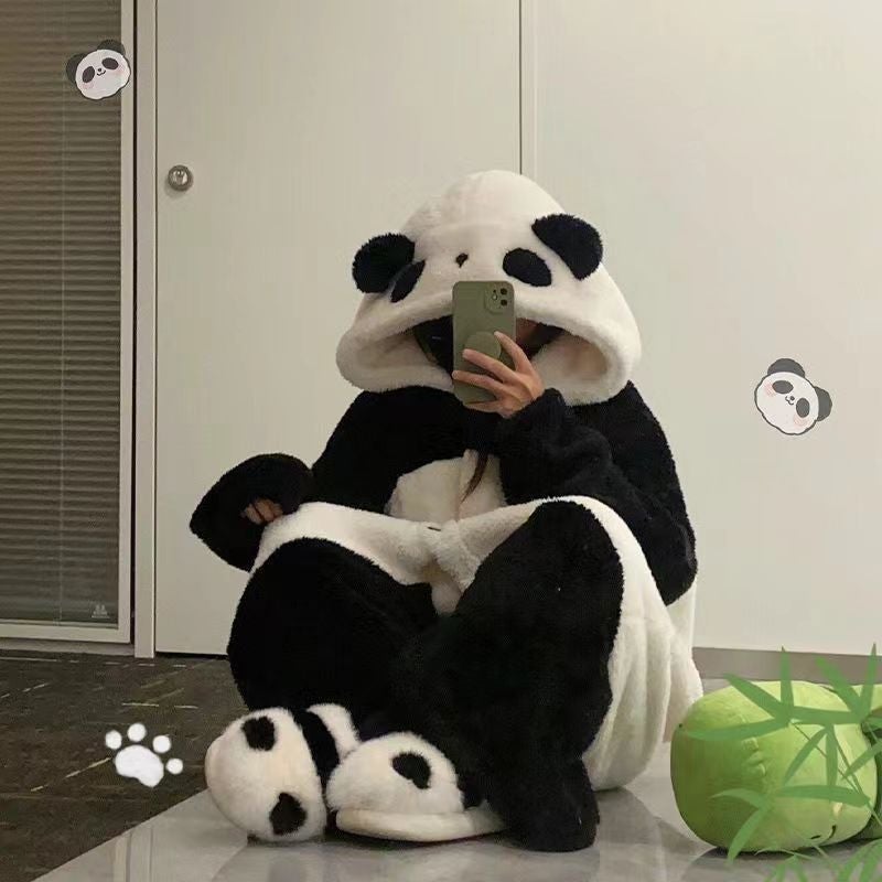 Panda Pajamas Winter Cartoon Cute Coral Fleece Hooded Home Wear - Image 4