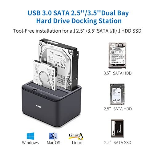 SSK Aluminum Hard Drive Docking Station, USB 3.0 to SATA Dual Bay External HDD Dock Caddy Reader for 2.5 & 3.5 inch SATA HDD SSD, with UASP Offline Cloner/Duplicator Function (2x20TB Supports) Black - Image 2