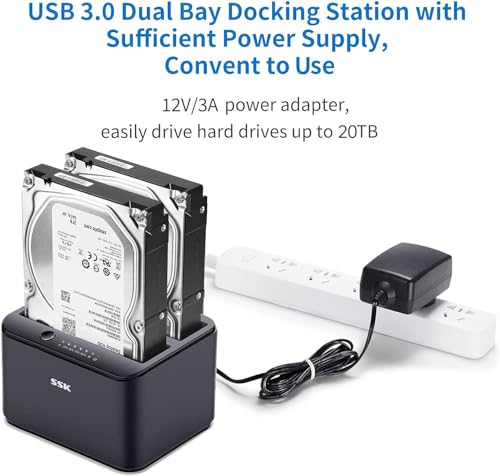 SSK Aluminum Hard Drive Docking Station, USB 3.0 to SATA Dual Bay External HDD Dock Caddy Reader for 2.5 & 3.5 inch SATA HDD SSD, with UASP Offline Cloner/Duplicator Function (2x20TB Supports) Black - Image 5