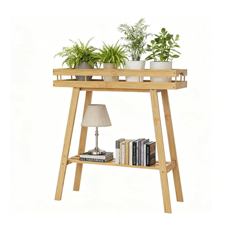 BAMBANG Bamboo Plant Stand Indoor, 2 Tier Small Plant Table, Tall Plant Stand for Indoor Plants, Window Sill Plant Shelf, Flower Pot Holder Plant Bench Plant Rack for Living Room, Natural - Image 1