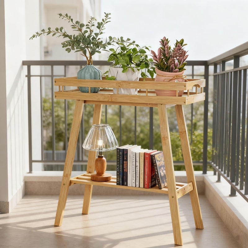 BAMBANG Bamboo Plant Stand Indoor, 2 Tier Small Plant Table, Tall Plant Stand for Indoor Plants, Window Sill Plant Shelf, Flower Pot Holder Plant Bench Plant Rack for Living Room, Natural - Image 2