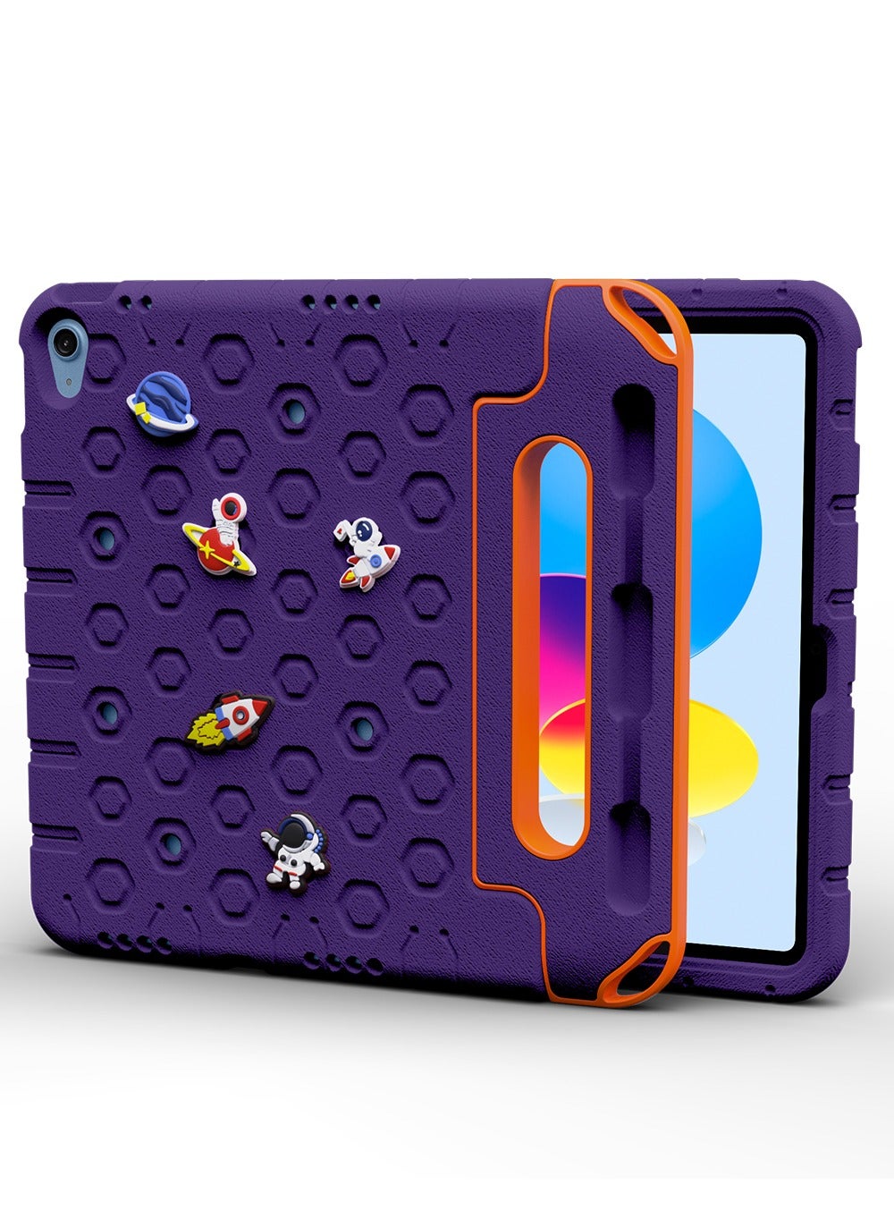 Moxedo Rugged Protective EVA Silicone Kids Case Cover, Shockproof DIY 3D Cartoon Pattern with Pencil Holder, Stand and Handle Grip Compatible for Apple iPad 2022 (10th Gen) 10.9 inch – Purple