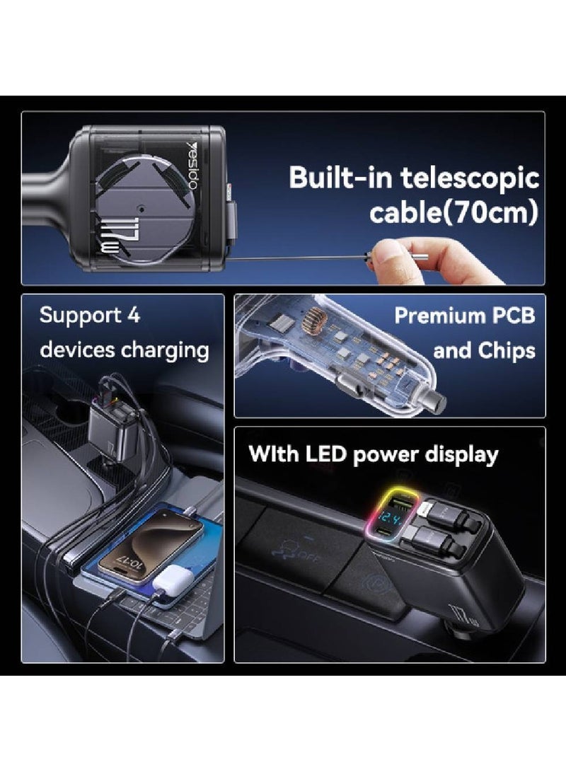 Yesido Y63 117W LED Power Display Car Charger – Fast Charging Adapter with Telescopic Cable, USB & Type-C Ports – Multi-Device Quick Charge for Smartphones, Tablets & Gadgets - Image 3