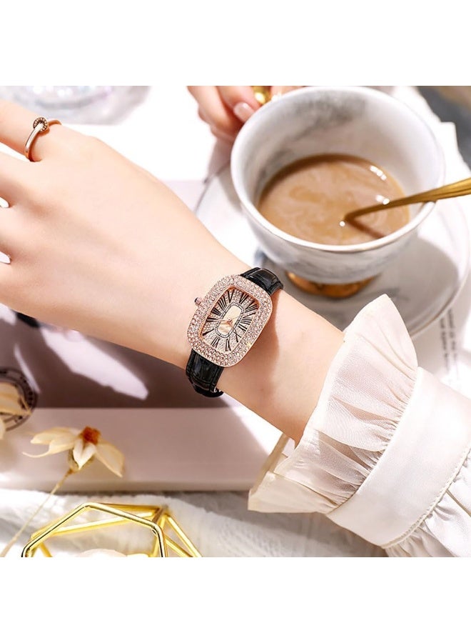 ساعة يد نسائية من جلد البولي يوريثان، ساعة كوارتز مربعة عصرية، ساعة فاخرة مزينة بأحجار الراين للنساء، ساعة بشريط شبكي مربع بتصميم قديم، هدية أنيقة للنساء والفتيات – باللون الأسود. - Image 2