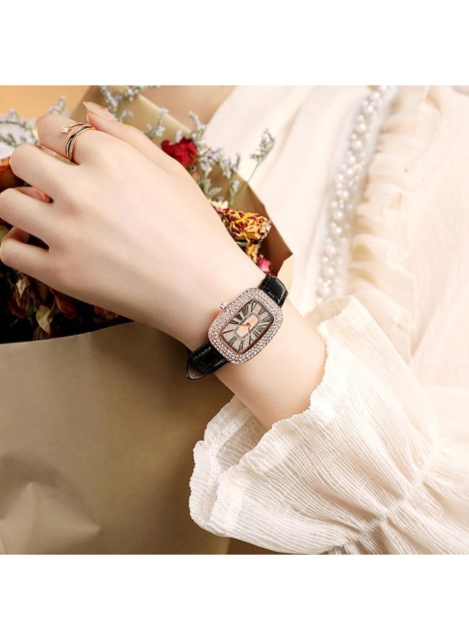 ساعة يد نسائية من جلد البولي يوريثان، ساعة كوارتز مربعة عصرية، ساعة فاخرة مزينة بأحجار الراين للنساء، ساعة بشريط شبكي مربع بتصميم قديم، هدية أنيقة للنساء والفتيات – باللون الأسود. - Image 3