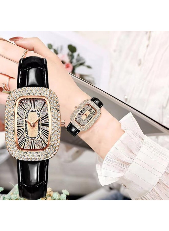 ساعة يد نسائية من جلد البولي يوريثان، ساعة كوارتز مربعة عصرية، ساعة فاخرة مزينة بأحجار الراين للنساء، ساعة بشريط شبكي مربع بتصميم قديم، هدية أنيقة للنساء والفتيات – باللون الأسود. - Image 1