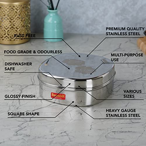 Sumeet Stainless Steel Designer Square Storage containers box/Dabba for Kitchen, Set of 2Pcs, 600ml, 13.5cm Dia, Silver - Image 2