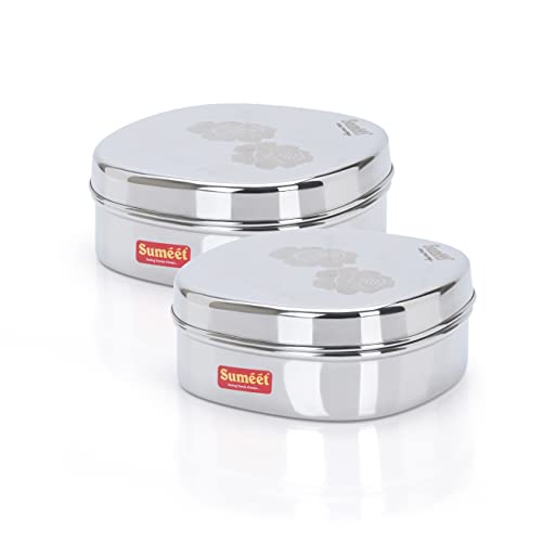 Sumeet Stainless Steel Designer Square Storage containers box/Dabba for Kitchen, Set of 2Pcs, 600ml, 13.5cm Dia, Silver - Image 1