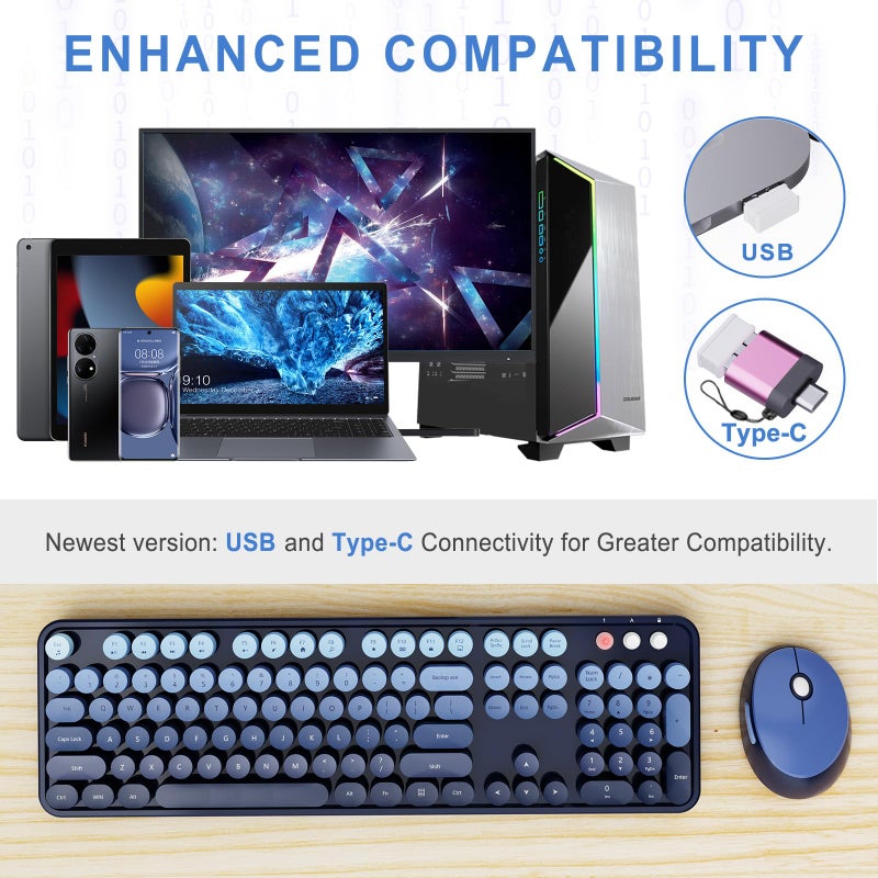 SkyGive Wireless Keyboard and Mouse Combo, Ergonomic Full Size Typewriter Retro Round Keycaps Keyboard, Compatible with Windows, PC, Perfer for Home and Office Keyboards (Twilight Blue - Image 2