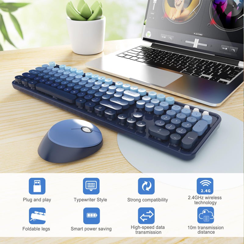 SkyGive Wireless Keyboard and Mouse Combo, Ergonomic Full Size Typewriter Retro Round Keycaps Keyboard, Compatible with Windows, PC, Perfer for Home and Office Keyboards (Twilight Blue - Image 3