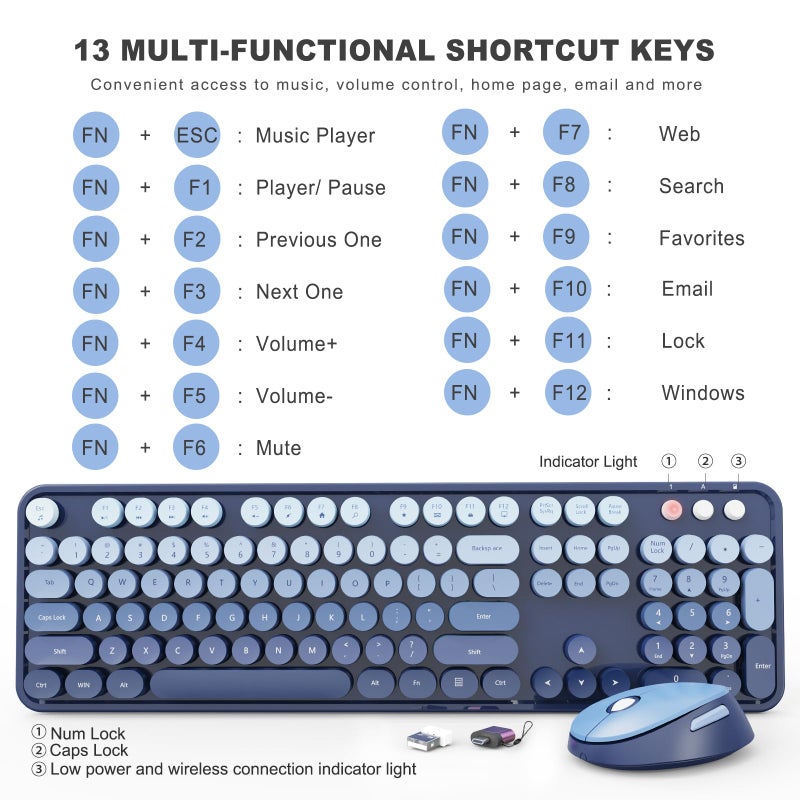 SkyGive Wireless Keyboard and Mouse Combo, Ergonomic Full Size Typewriter Retro Round Keycaps Keyboard, Compatible with Windows, PC, Perfer for Home and Office Keyboards (Twilight Blue - Image 4