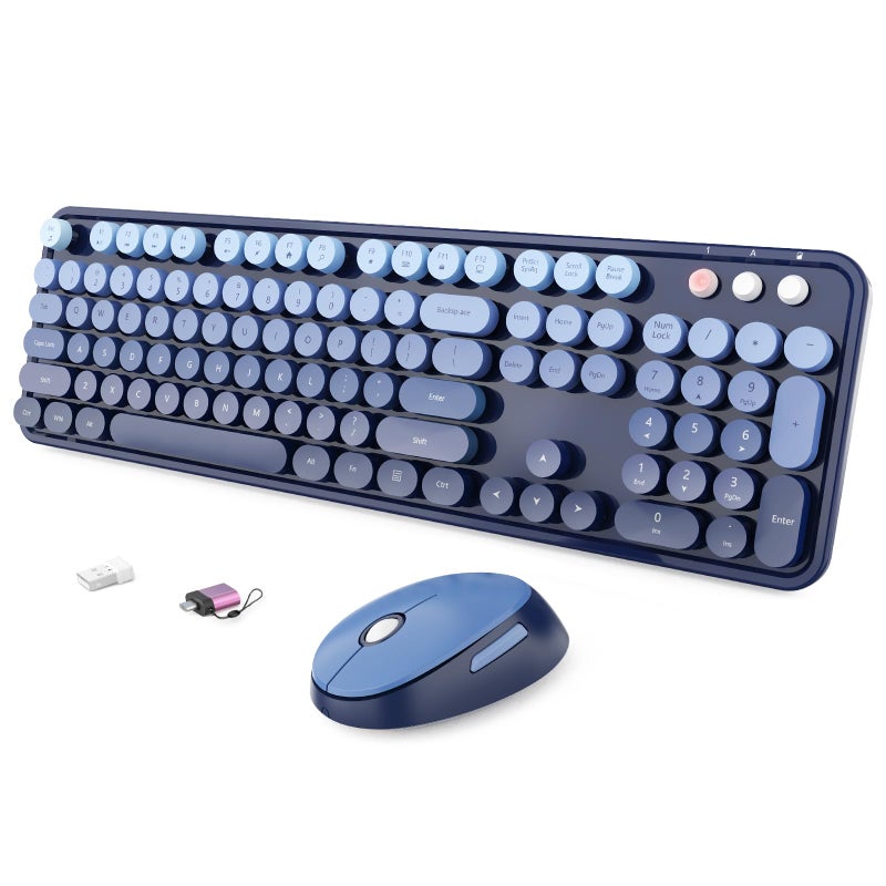 SkyGive Wireless Keyboard and Mouse Combo, Ergonomic Full Size Typewriter Retro Round Keycaps Keyboard, Compatible with Windows, PC, Perfer for Home and Office Keyboards (Twilight Blue - Image 1
