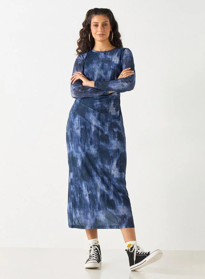 2Xtremz 2Xtremz All-Over Print Midi Dress with Round Neck and Long Sleeves