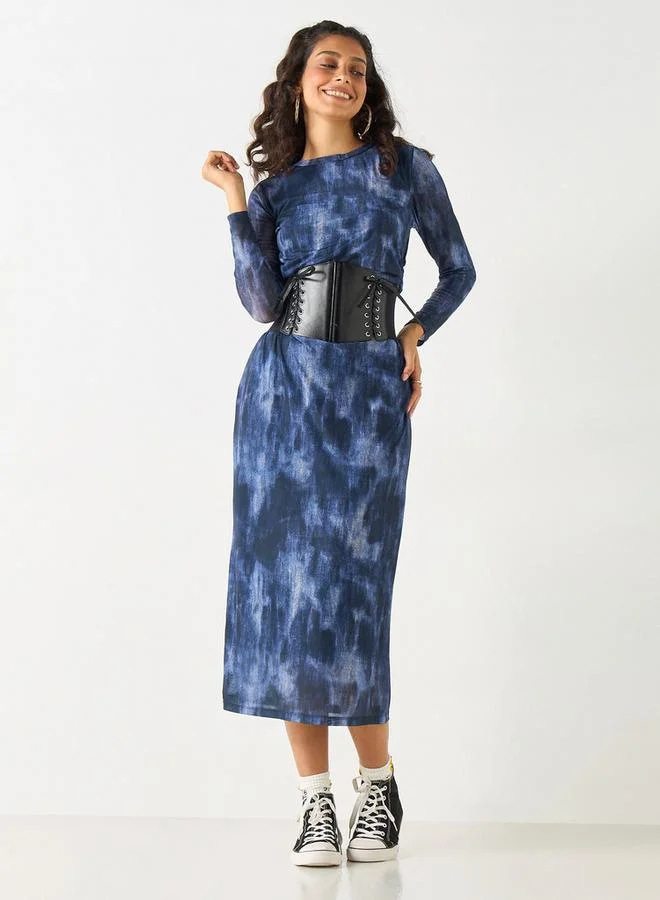 2Xtremz 2Xtremz All-Over Print Midi Dress with Round Neck and Long Sleeves