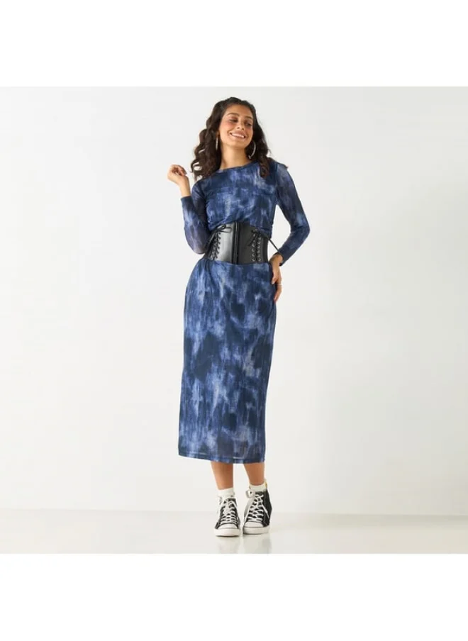 2Xtremz 2Xtremz All-Over Print Midi Dress with Round Neck and Long Sleeves