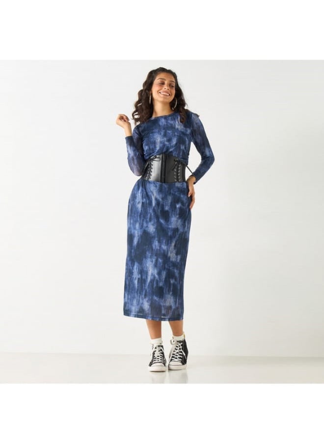 2Xtremz - 2Xtremz All-Over Print Midi Dress with Round Neck and Long Sleeves - Image 1