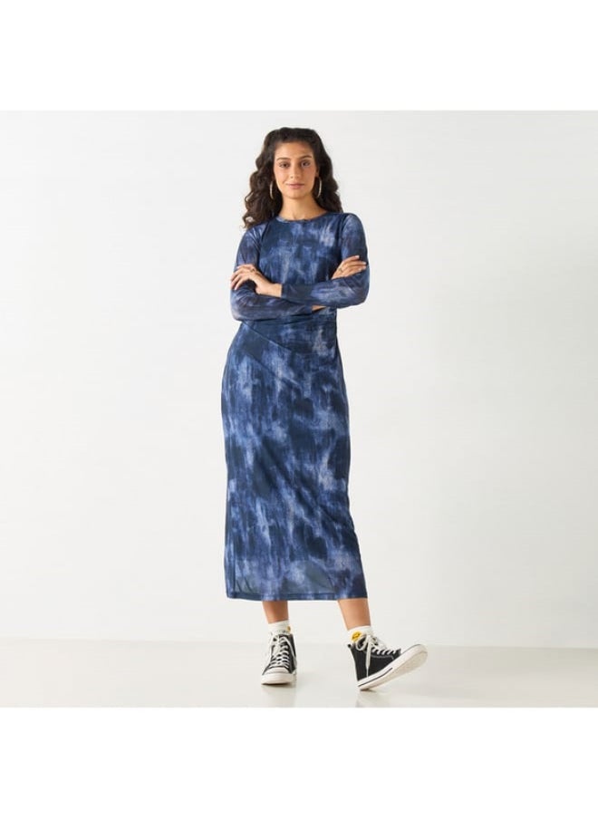 2Xtremz - 2Xtremz All-Over Print Midi Dress with Round Neck and Long Sleeves - Image 1