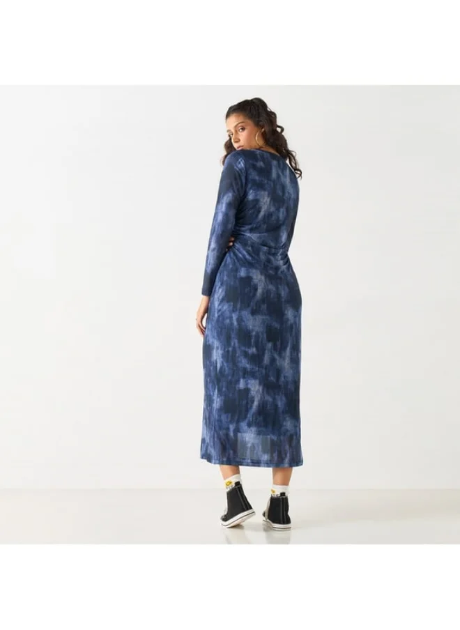 2Xtremz 2Xtremz All-Over Print Midi Dress with Round Neck and Long Sleeves