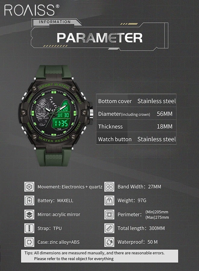 roaiss Men's Analog Digital Dual Display Sports Watch Multifunctional 50M Waterproof Luminous TPU Strap Electronic Quartz Wristwatch with Alarm Stopwatch Backlight 12H/24H for Outdoor Activities - Image 3