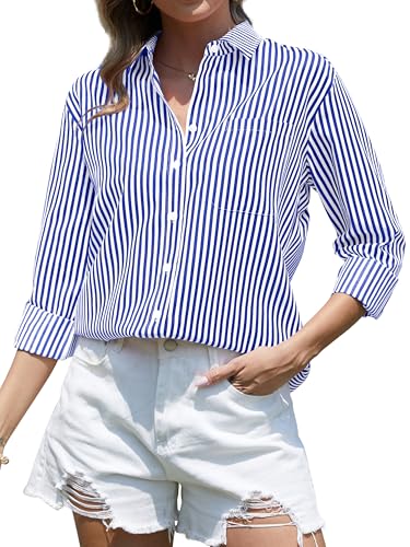 CUNLIN Navy Blue Shirt Women Blouse Button Down Up Striped Long Sleeve Shirts for Tops Cotton Womens Work Top Blouses Navy Blue Size L - Image 1