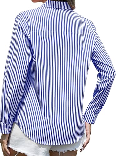 CUNLIN Navy Blue Shirt Women Blouse Button Down Up Striped Long Sleeve Shirts for Tops Cotton Womens Work Top Blouses Navy Blue Size L - Image 2