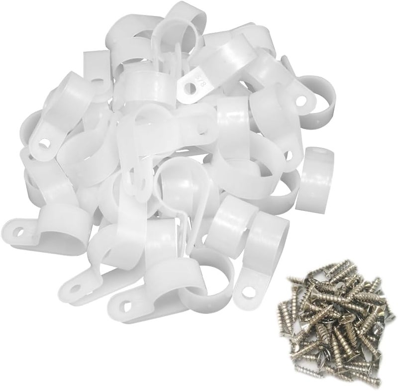 Alamic Cable Clamp R-Type Cable Clip Wire Clamp 5/8 inch Nylon Screw Mounting Cord Fastener Clips with Screws for Wire Management 50 Pcs Cable Clamps + 50 Pcs Screws - White - Image 1