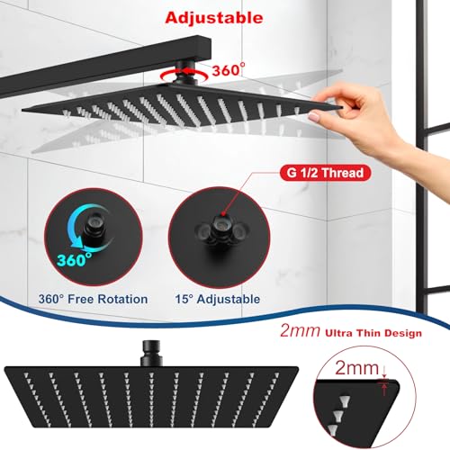 Midanya Rain Shower Head, Stainless Steel Large Rainfall Shower Head High Pressure, Bathroom Waterfall Square Showerhead, Ceiling or Wall Mount, Matte Black 12 Inch - Image 5