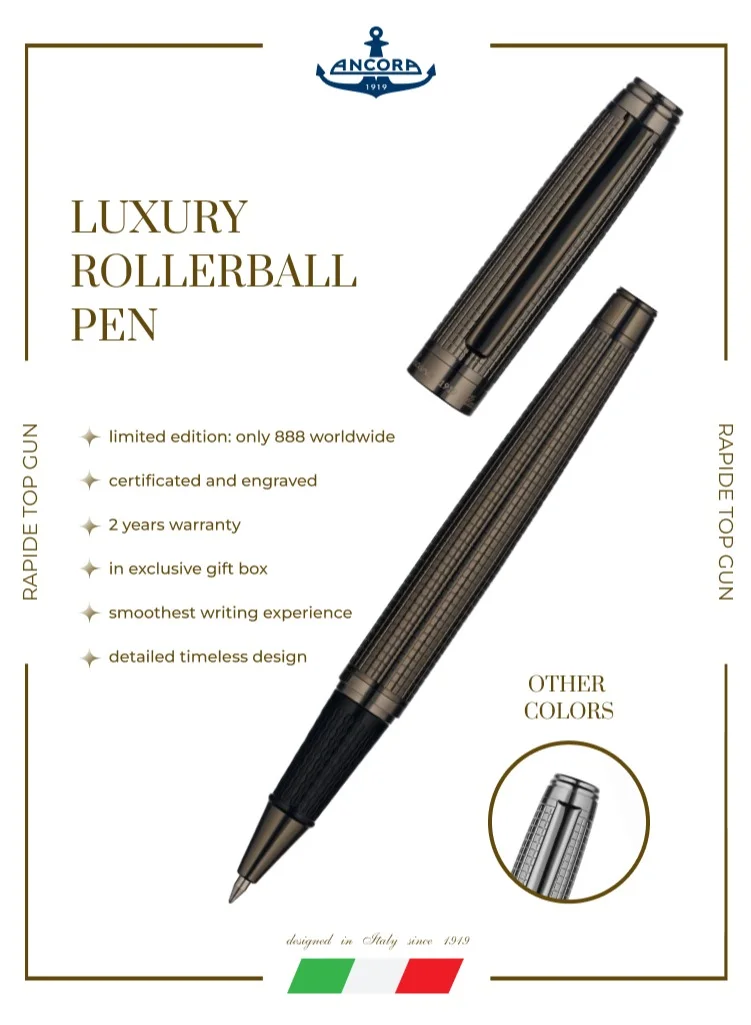 Ancora 1919 Rapide TG Limited 888 Edition Refillable Rollerball Pen - Engraved Luxury Pen with Leather Box - Gift for Men & Women - Blue Ink