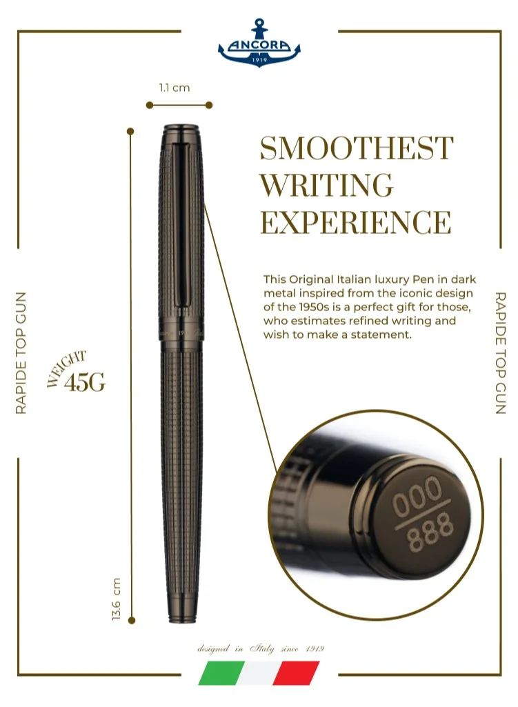 Ancora 1919 Rapide TG Limited 888 Edition Refillable Rollerball Pen - Engraved Luxury Pen with Leather Box - Gift for Men & Women - Blue Ink