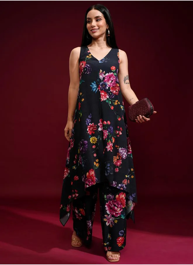 Vishudh Women Blue Floral Printed High Low Kurta with Palazzos by Styli
