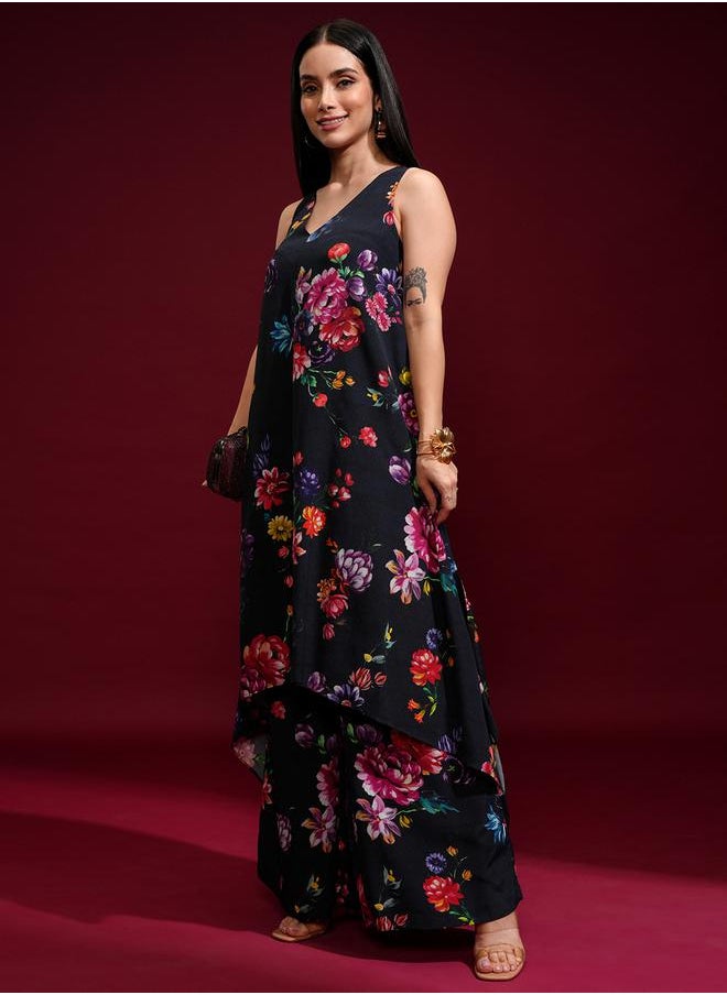 Vishudh Women Blue Floral Printed High Low Kurta with Palazzos by Styli  - Image 4