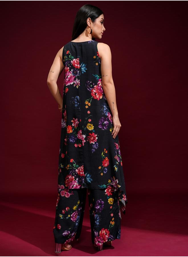 Vishudh Women Blue Floral Printed High Low Kurta with Palazzos by Styli  - Image 3