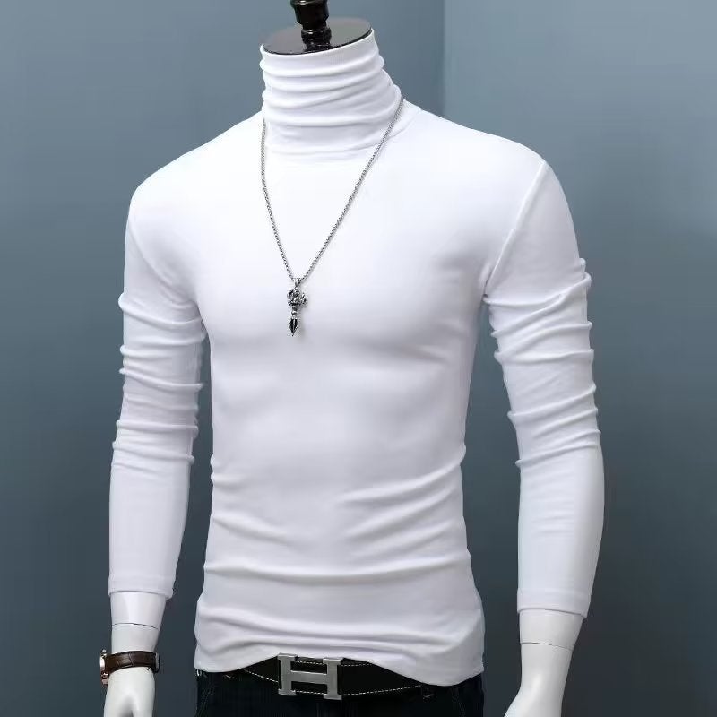 High Collar Long Sleeve Inner Mens Base Shirt Slim-fit T-shirt Simple Autumn and Winter Solid Color plus size Warm Autumn Fashion Brand White full high collar