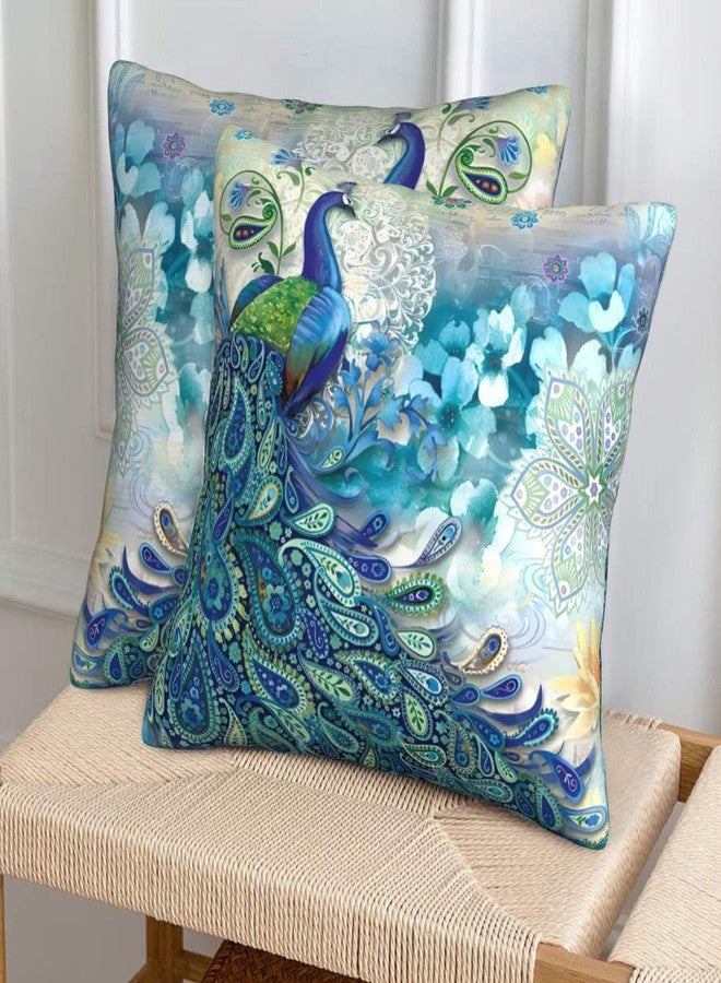 bositigo Teal Peacock Throw Pillow Covers Set of 2, Vintage Watercolor Blue Teal Turquoise Peacock Gifts Microfiber Fabric Decoration Pillowcases Home Sofa Couch Bed Decor Square 18x18 Inches Pillow Cases - Image 4