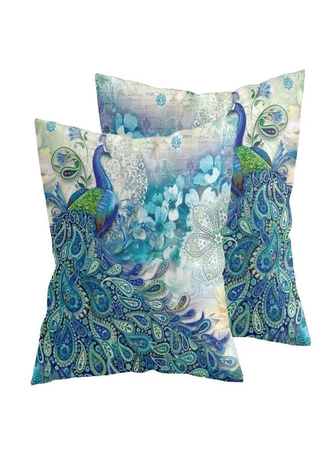 bositigo Teal Peacock Throw Pillow Covers Set of 2, Vintage Watercolor Blue Teal Turquoise Peacock Gifts Microfiber Fabric Decoration Pillowcases Home Sofa Couch Bed Decor Square 18x18 Inches Pillow Cases - Image 1