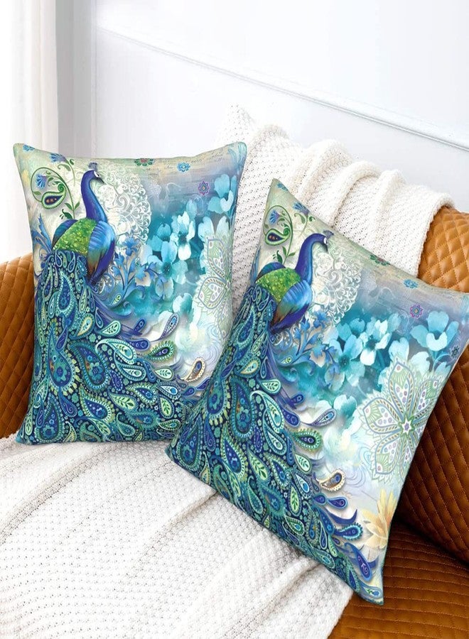 bositigo Teal Peacock Throw Pillow Covers Set of 2, Vintage Watercolor Blue Teal Turquoise Peacock Gifts Microfiber Fabric Decoration Pillowcases Home Sofa Couch Bed Decor Square 18x18 Inches Pillow Cases - Image 3
