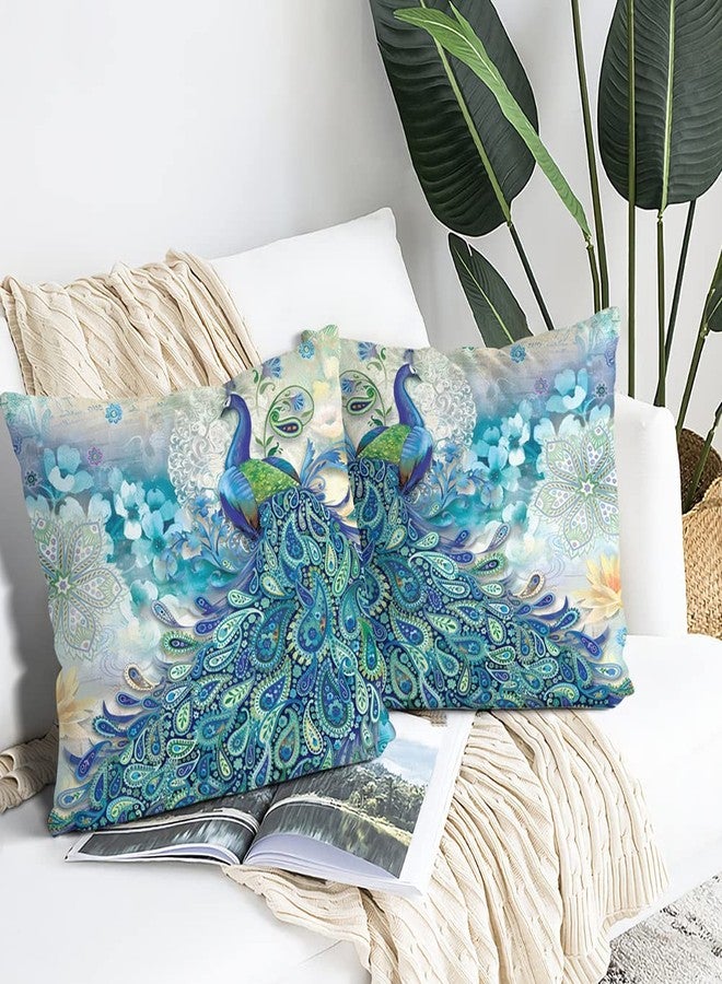 bositigo Teal Peacock Throw Pillow Covers Set of 2, Vintage Watercolor Blue Teal Turquoise Peacock Gifts Microfiber Fabric Decoration Pillowcases Home Sofa Couch Bed Decor Square 18x18 Inches Pillow Cases - Image 5