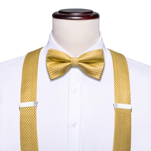 Dubulle Gold Suspenders for Men and Gold Bow Tie Pocket Square Set - Image 3