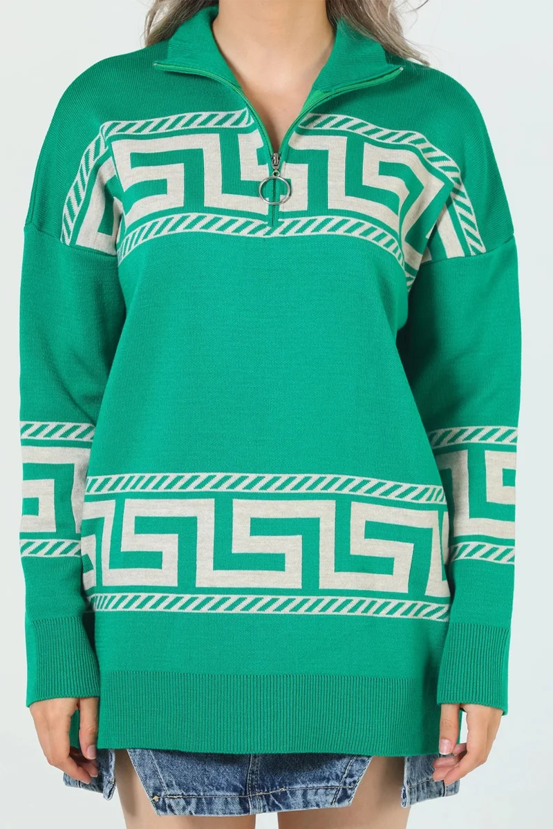 جولسلي Women's Collar Zipper Detailed Patterned Oversize Knitwear Sweater