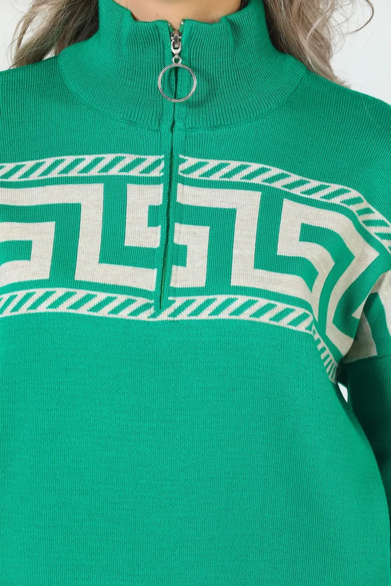 جولسلي Women's Collar Zipper Detailed Patterned Oversize Knitwear Sweater