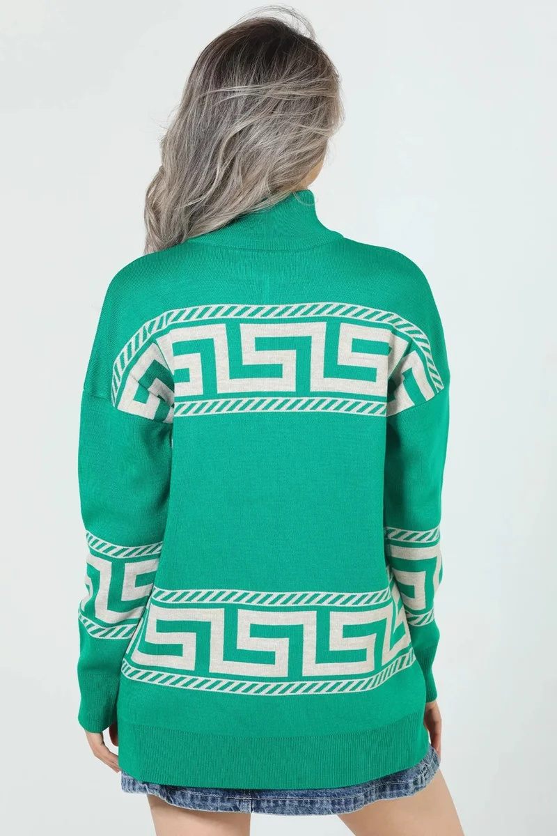 جولسلي Women's Collar Zipper Detailed Patterned Oversize Knitwear Sweater