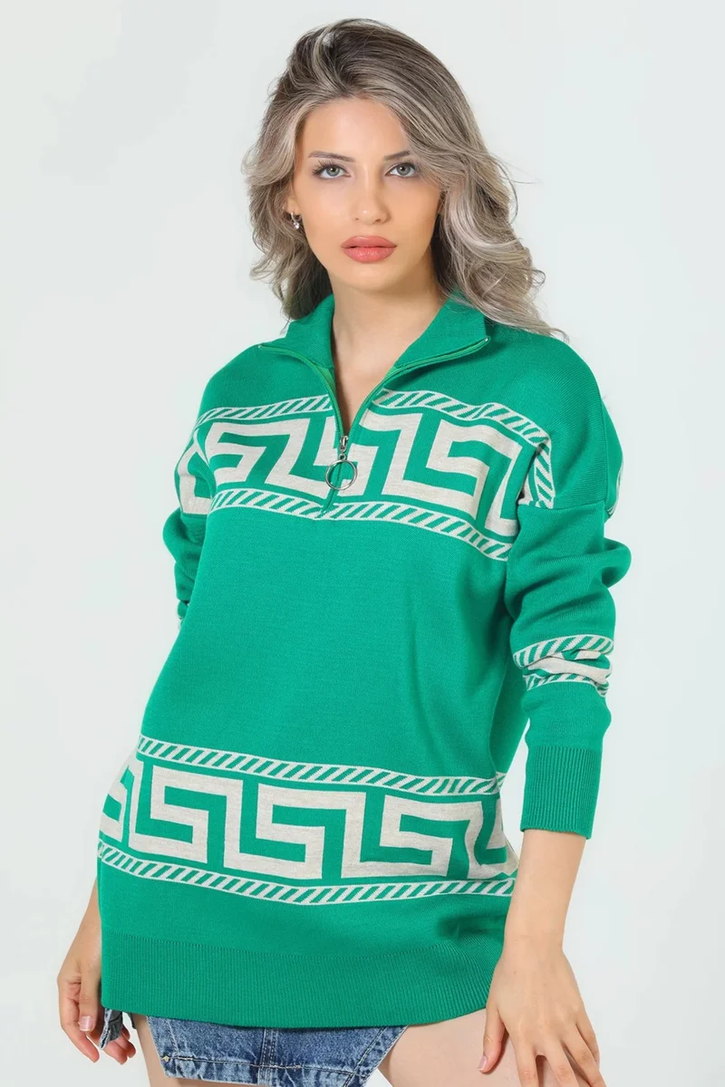 جولسلي Women's Collar Zipper Detailed Patterned Oversize Knitwear Sweater