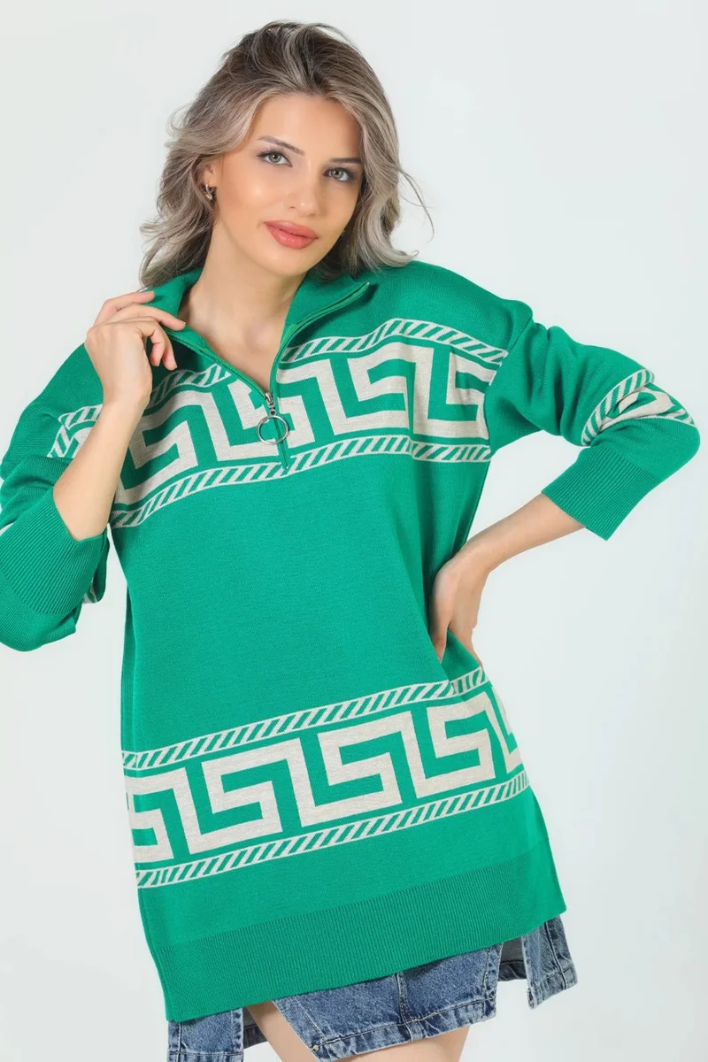 جولسلي Women's Collar Zipper Detailed Patterned Oversize Knitwear Sweater