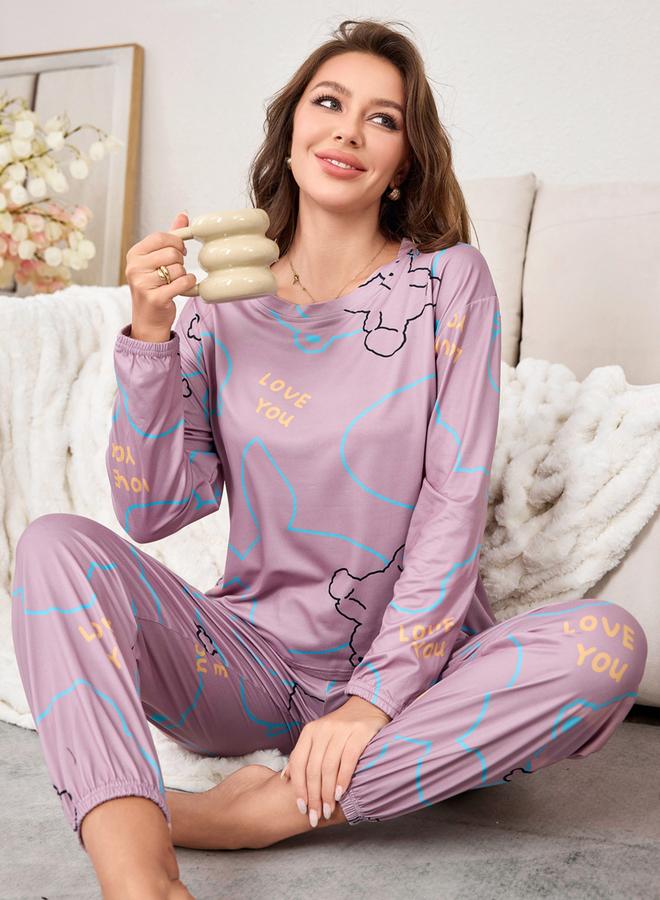 Take Two Lilac Graphic Long Sleeve T-Shirt and Pyjama Set - Image 4