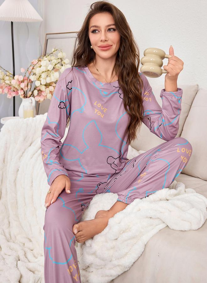 Take Two Lilac Graphic Long Sleeve T-Shirt and Pyjama Set - Image 3