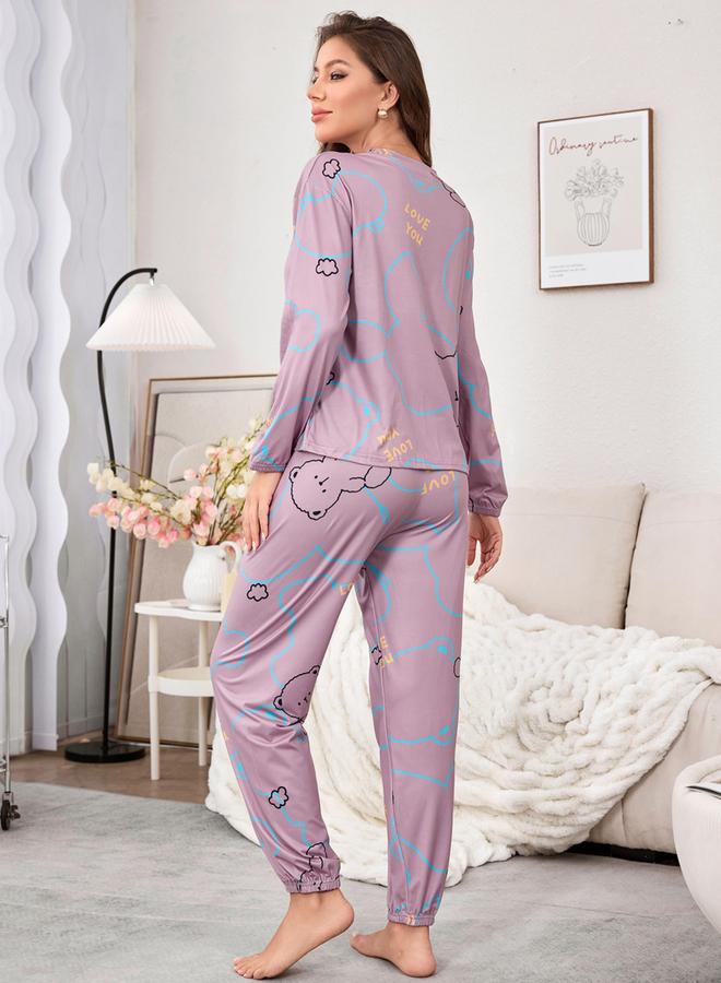 Take Two Lilac Graphic Long Sleeve T-Shirt and Pyjama Set - Image 2