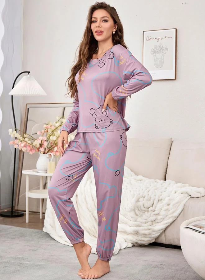 Take Two Lilac Graphic Long Sleeve T-Shirt and Pyjama Set