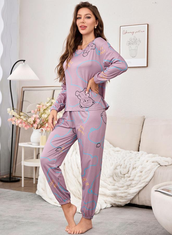Take Two Lilac Graphic Long Sleeve T-Shirt and Pyjama Set - Image 1